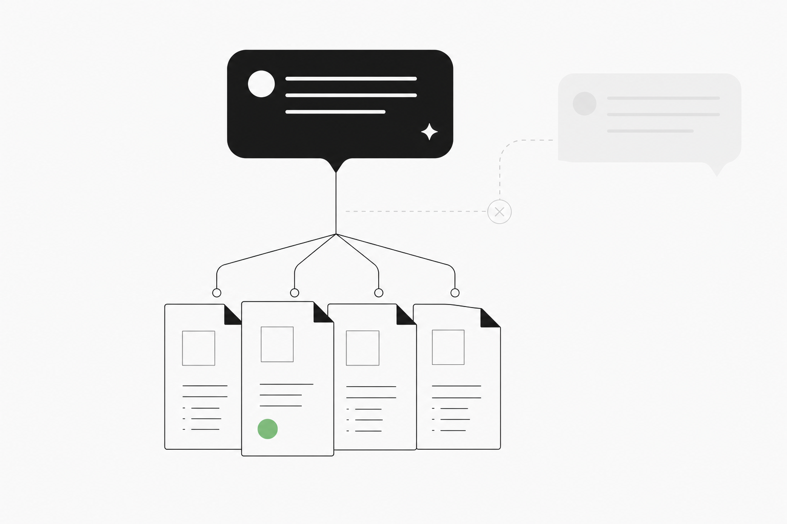 Editorial illustration of a chat message connected by clean lines to a stack of document sources, with a faint hallucinated reply being filtered out.