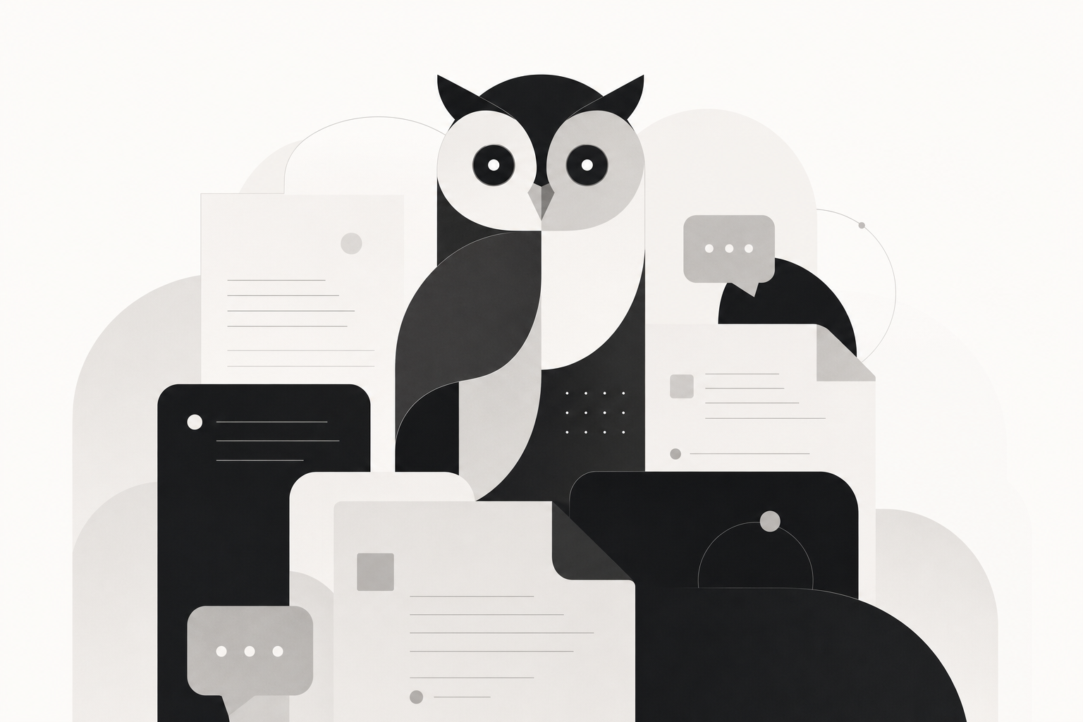 Abstract owl silhouette built from soft geometric shapes representing chat bubbles and document sources, in a minimalist black-on-cream palette.