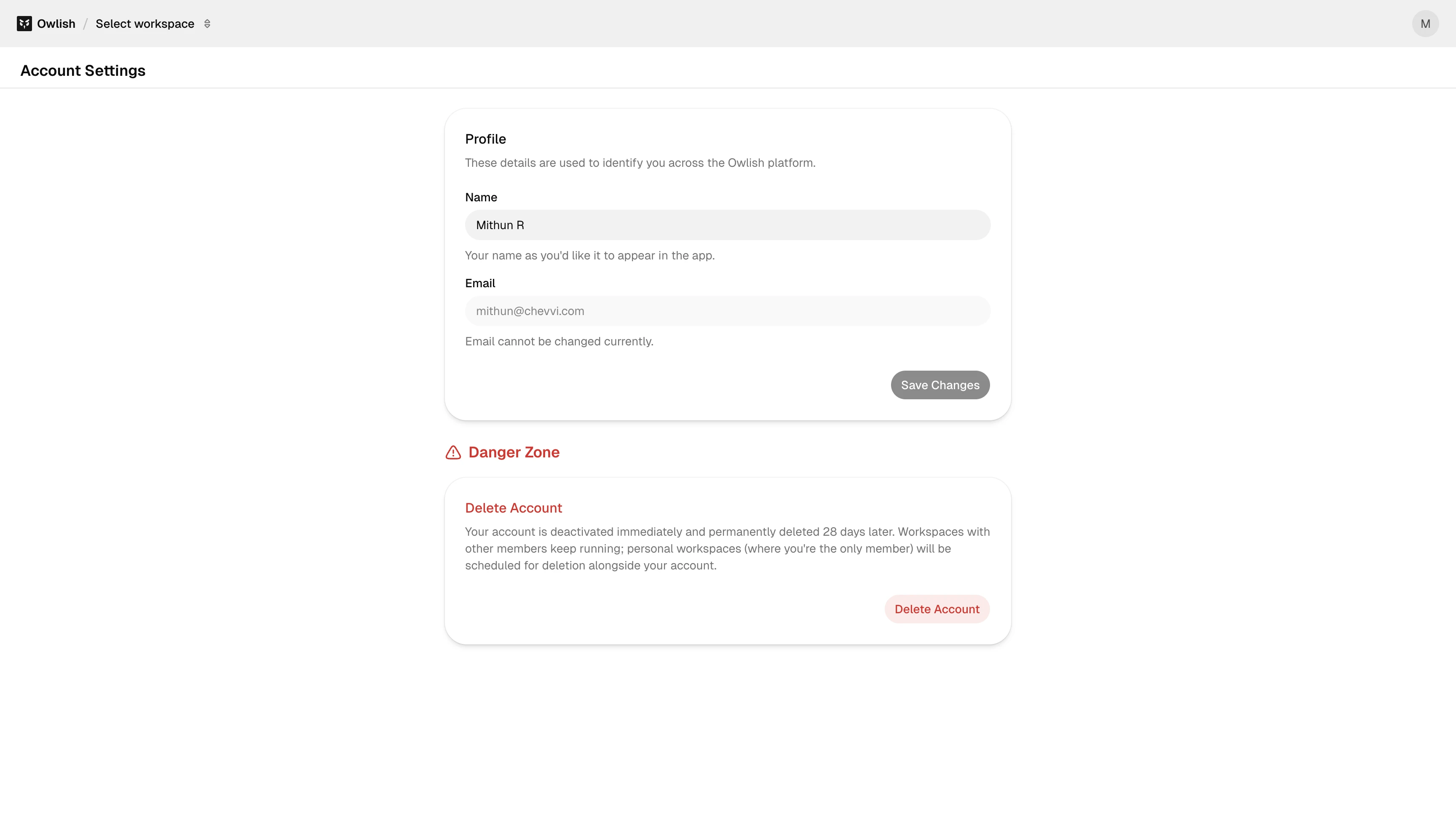 Account settings page with editable name, read-only email, data export, and delete-account controls.