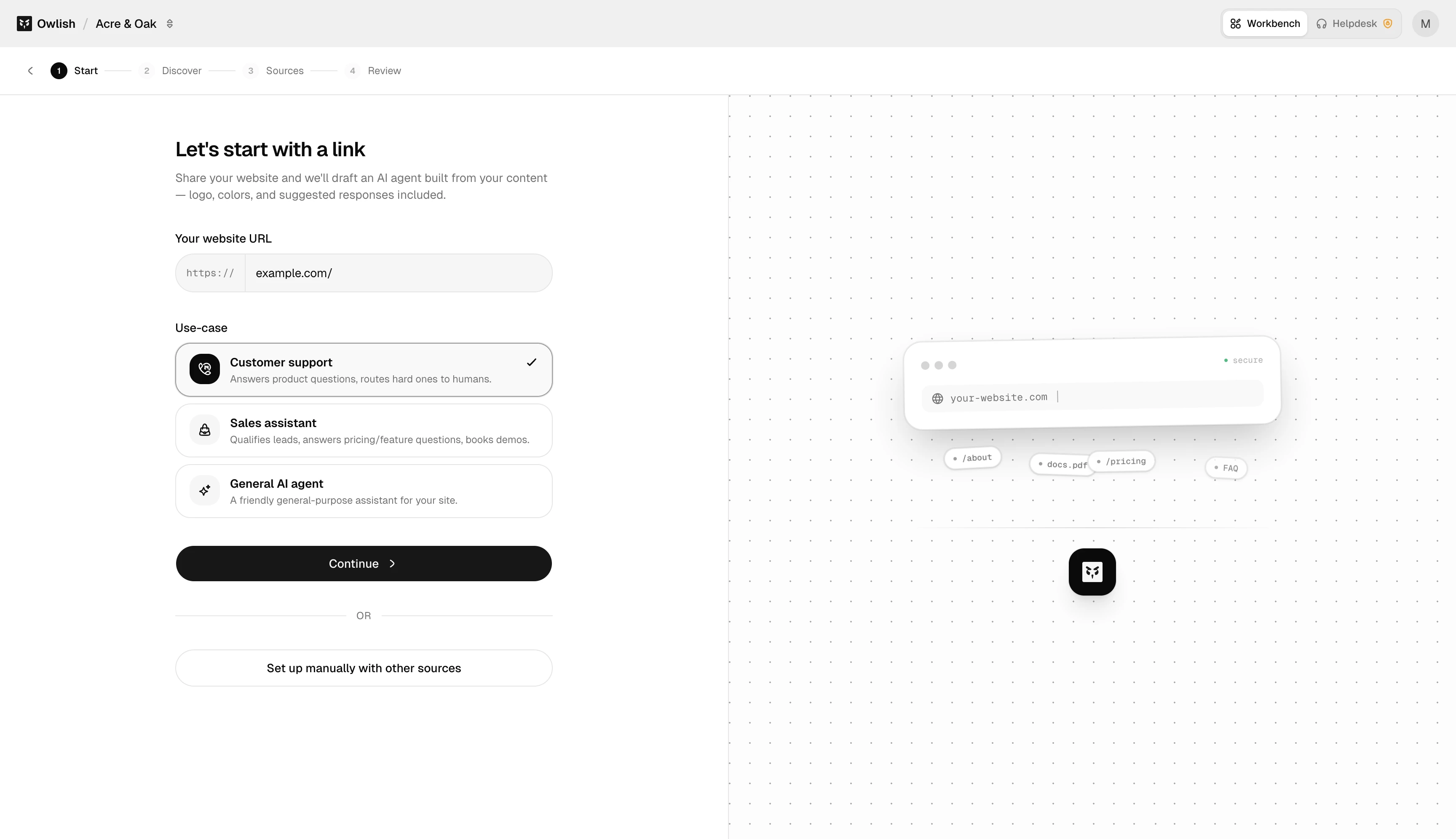 New agent wizard asking for a website URL and use case.