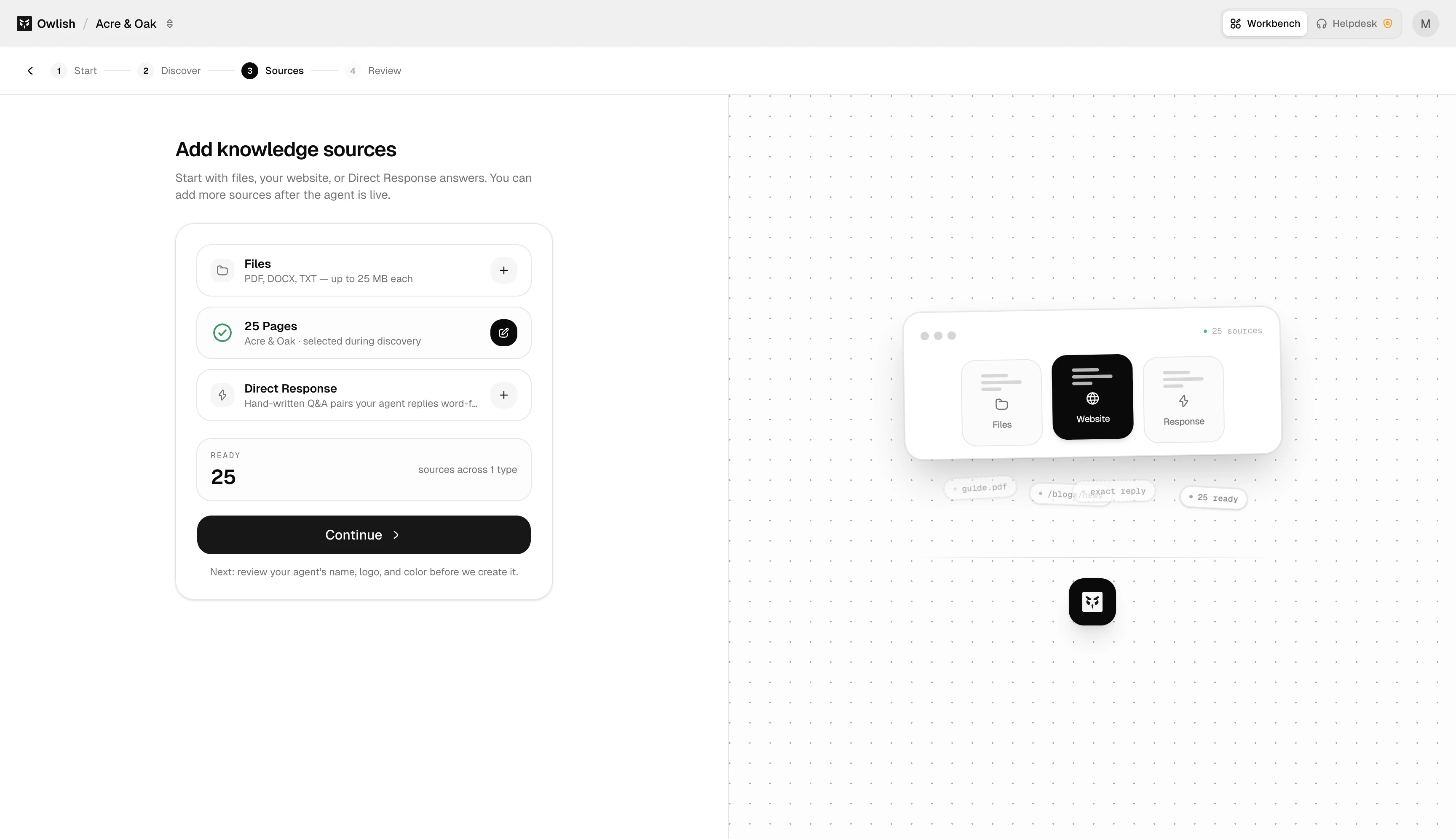 New agent wizard sources step with file, website, and direct response source options.