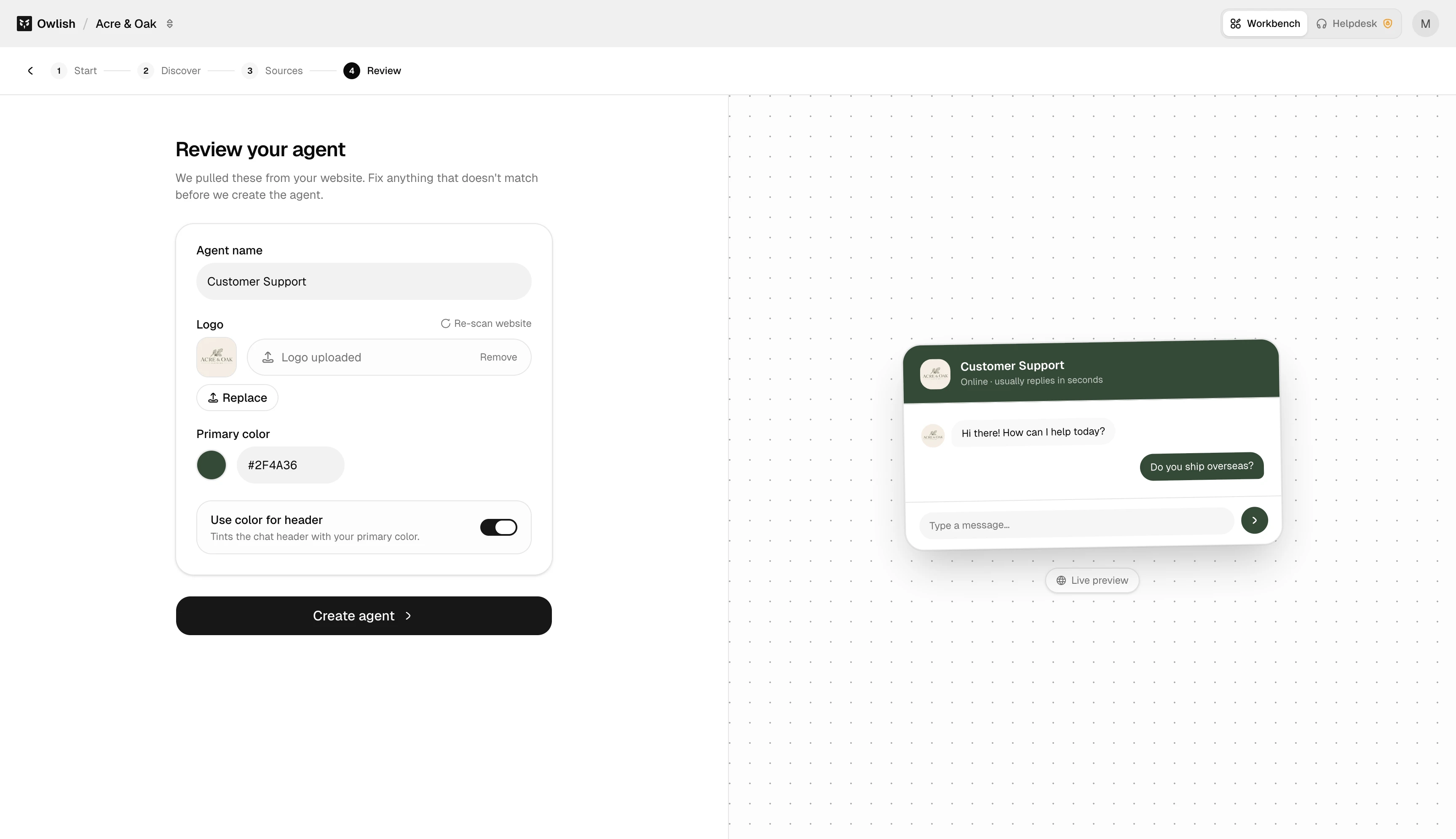 New agent review step with agent name, logo, primary color, and create button.
