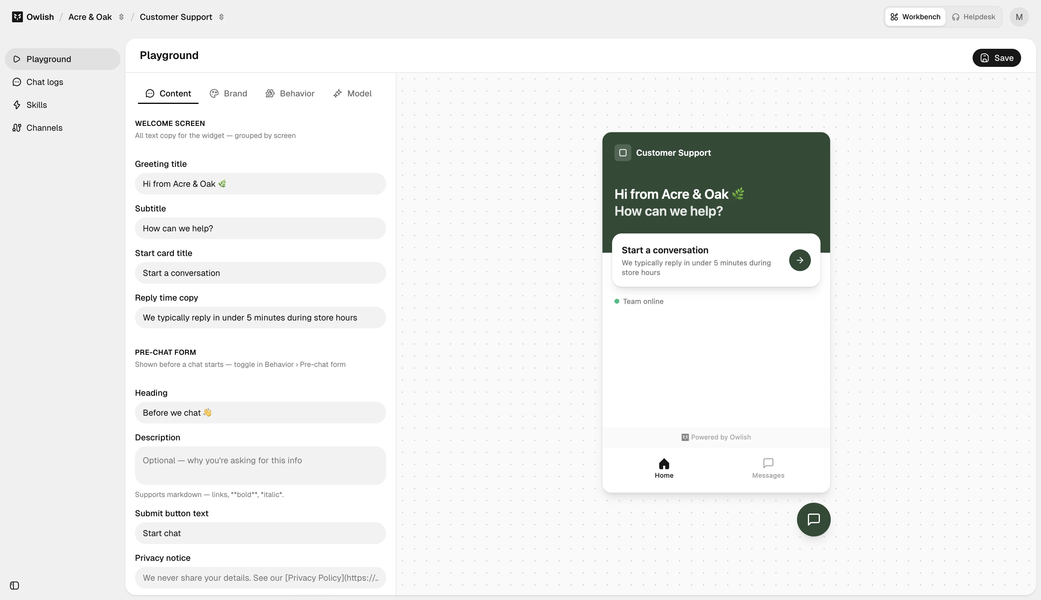 Agent playground with content settings and a live widget preview.