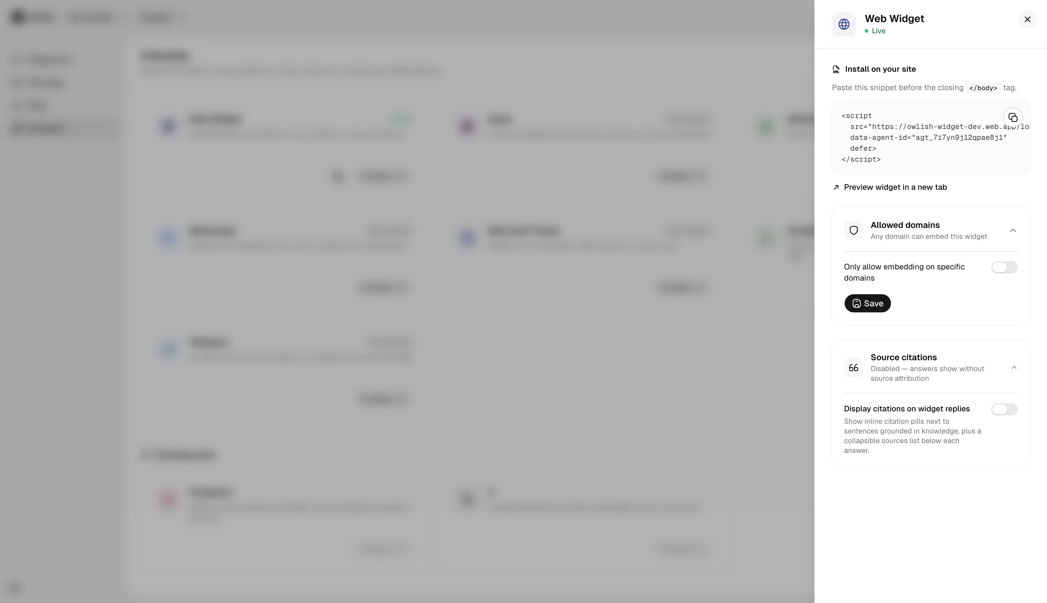 Web widget channel settings with embed snippet, allowed domains, enforcement, and source citation controls.