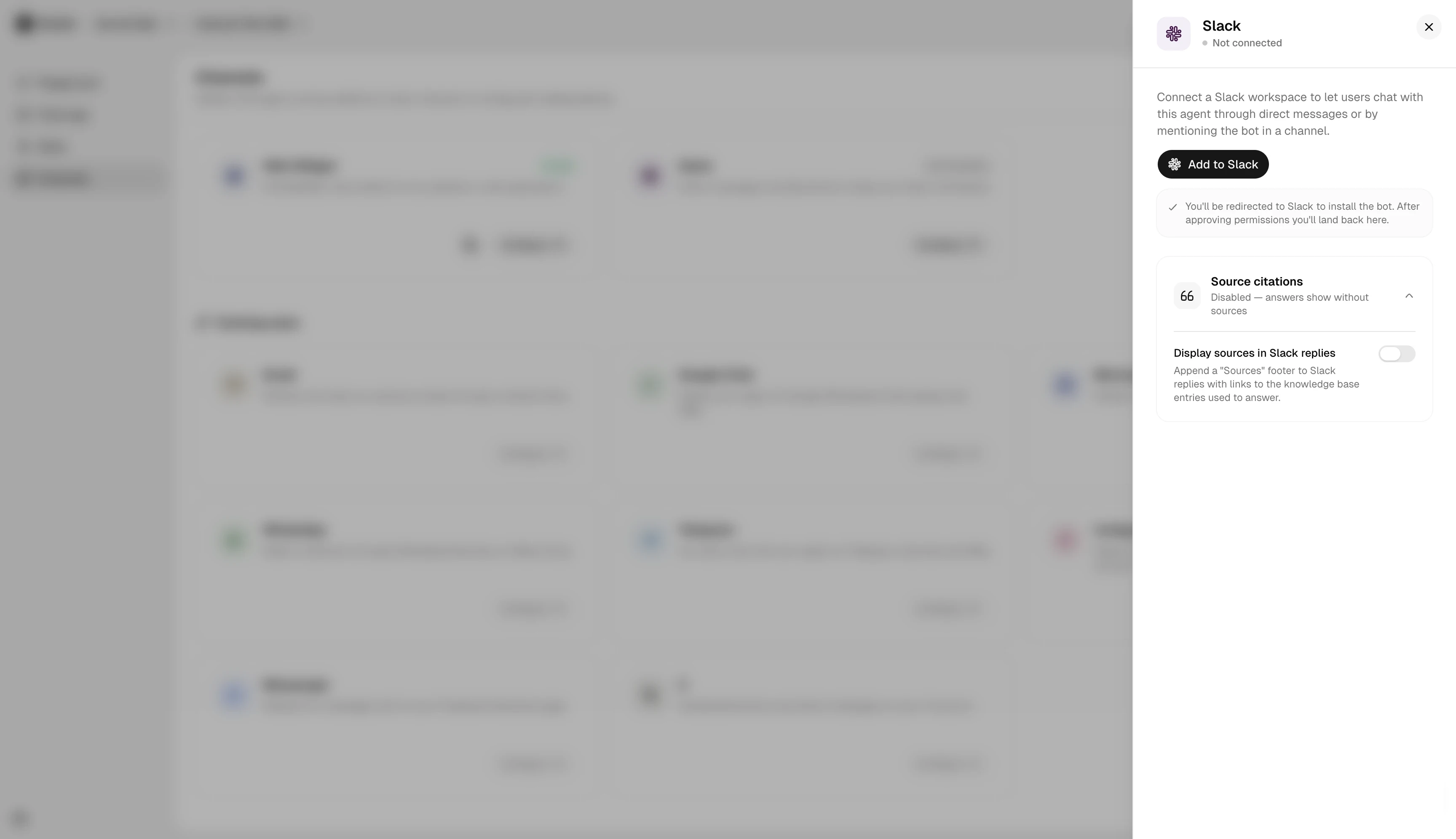 Slack channel configuration panel with connect-to-Slack action and source citation controls.