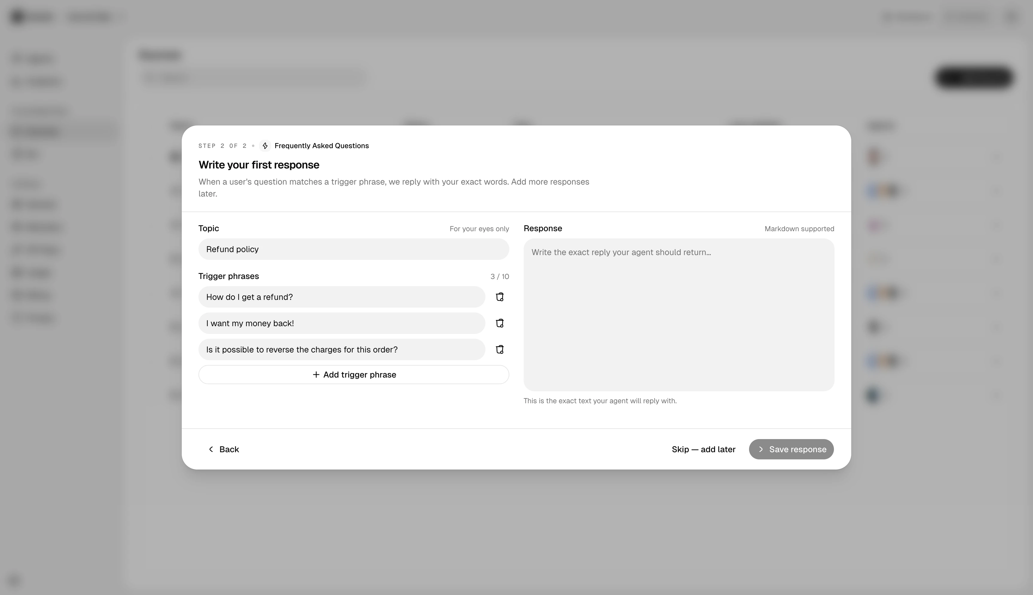 Add Direct Response dialog with trigger phrases and a response editor.