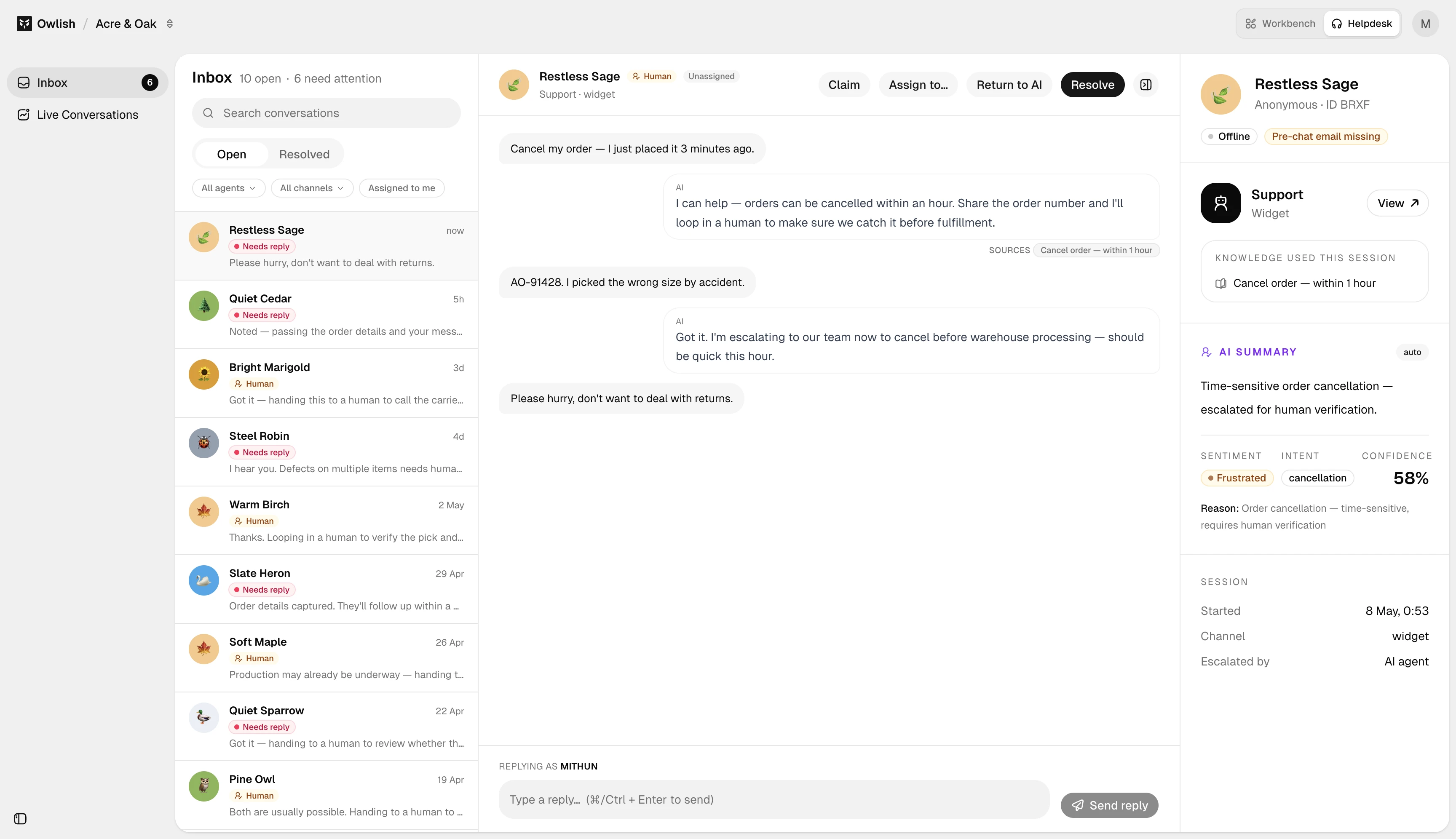 Owlish helpdesk inbox showing customer conversations across channels