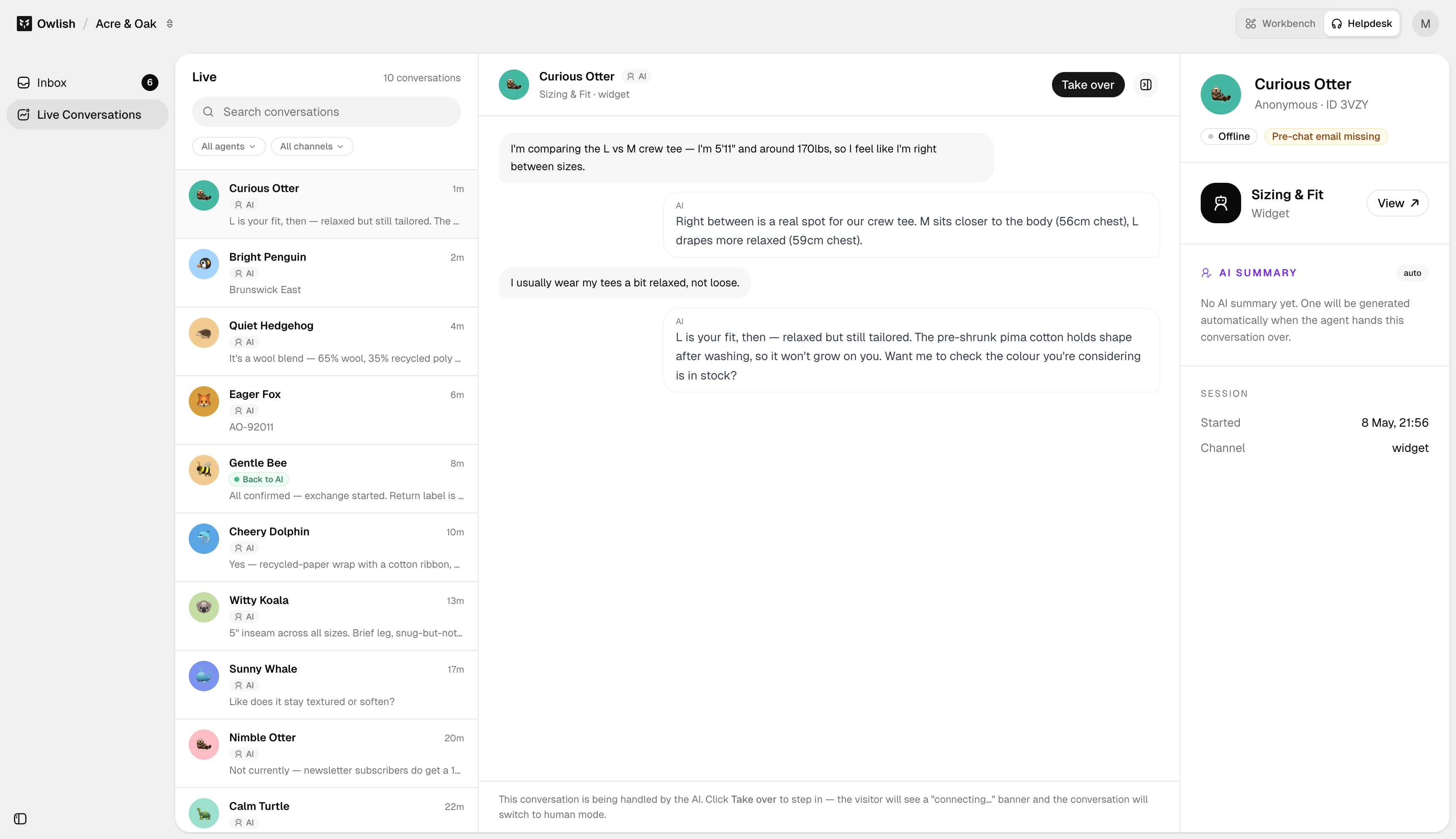 Live conversation view with an active visitor session and take-over action.
