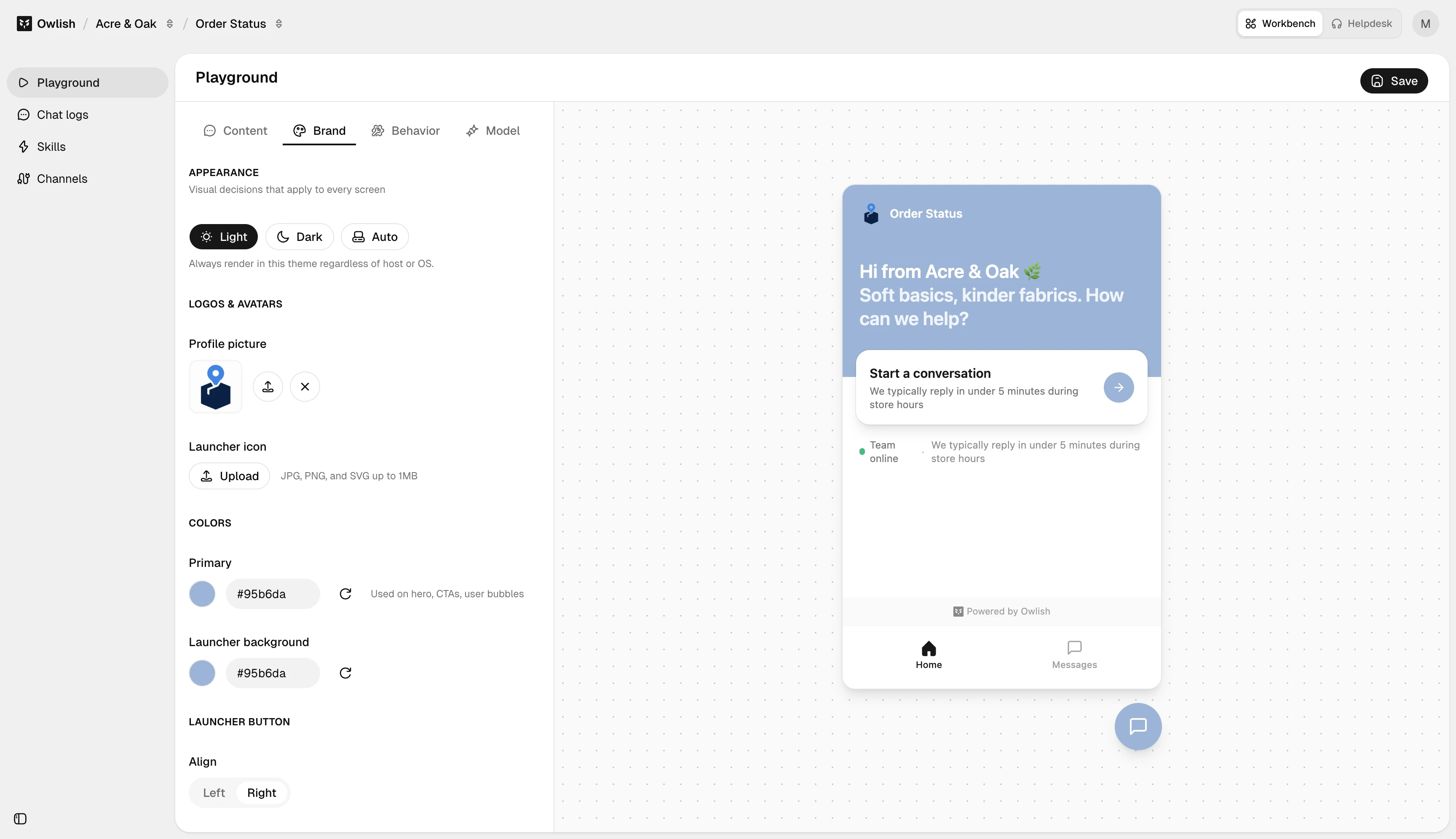 Playground Brand tab with theme controls, logo upload, color settings, and widget preview.