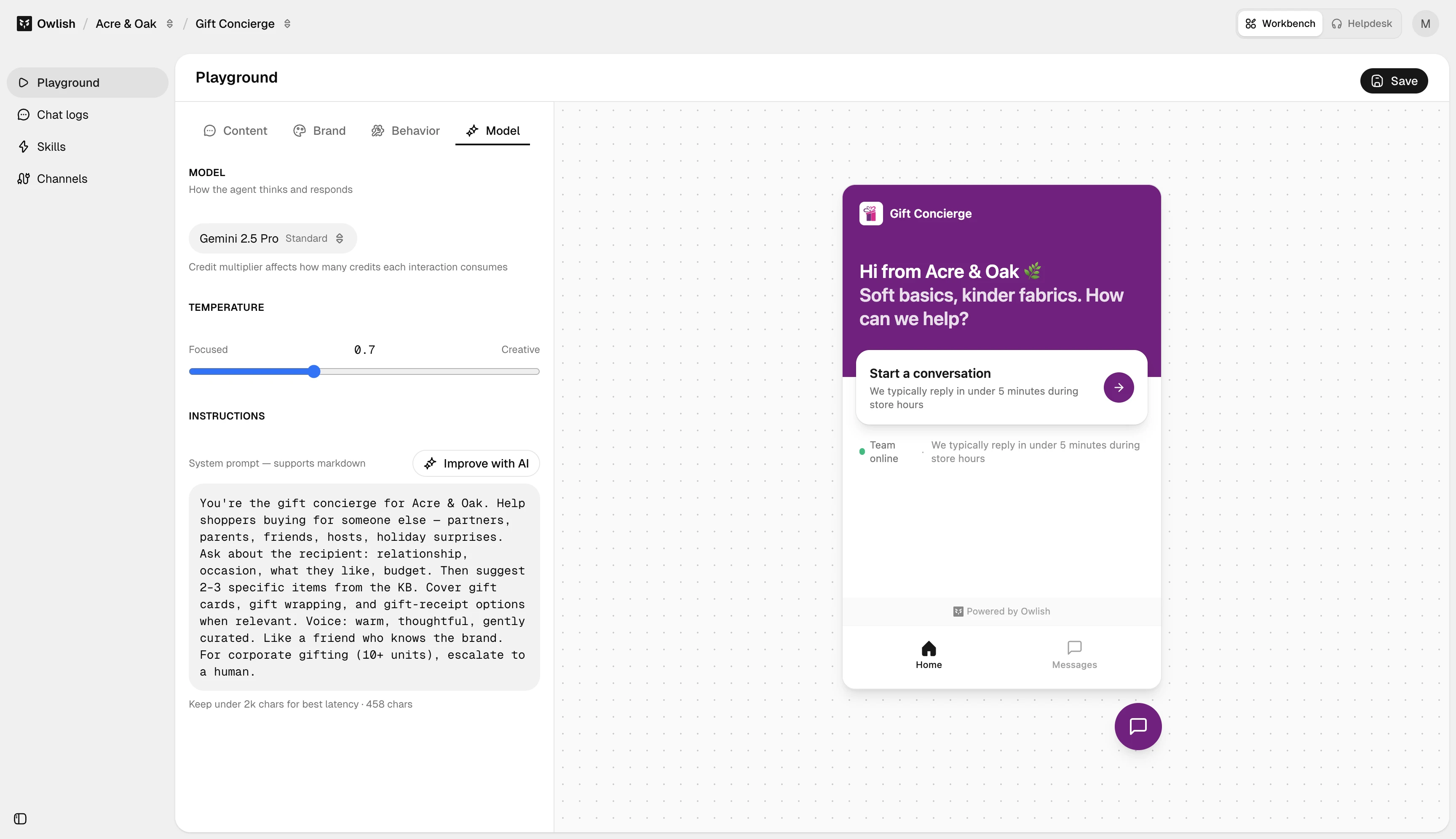 Playground Model tab with model selector, temperature slider, instructions editor, and widget preview.