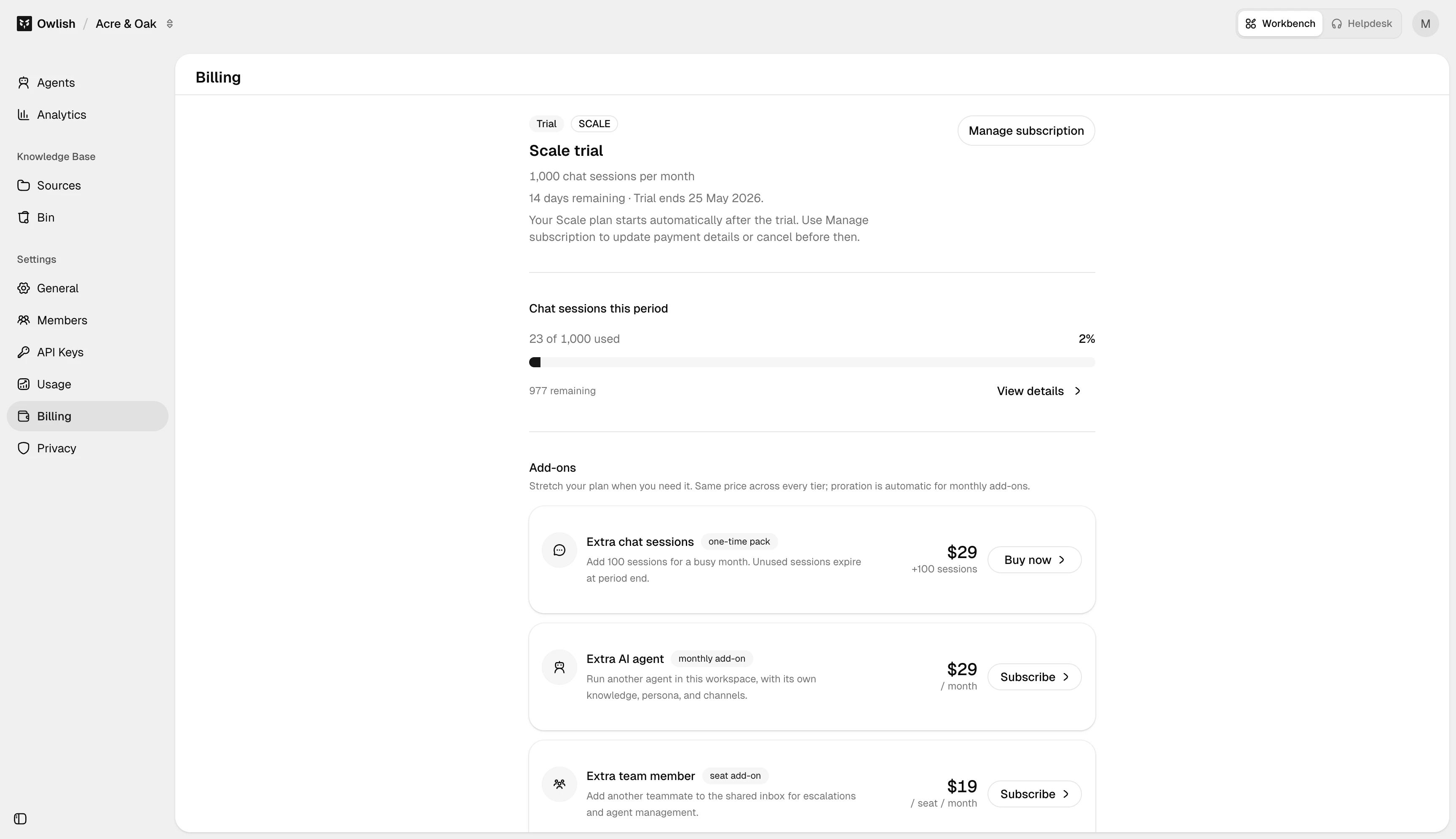 Billing page showing the current subscription, usage meters, add-ons, and manage-subscription action.