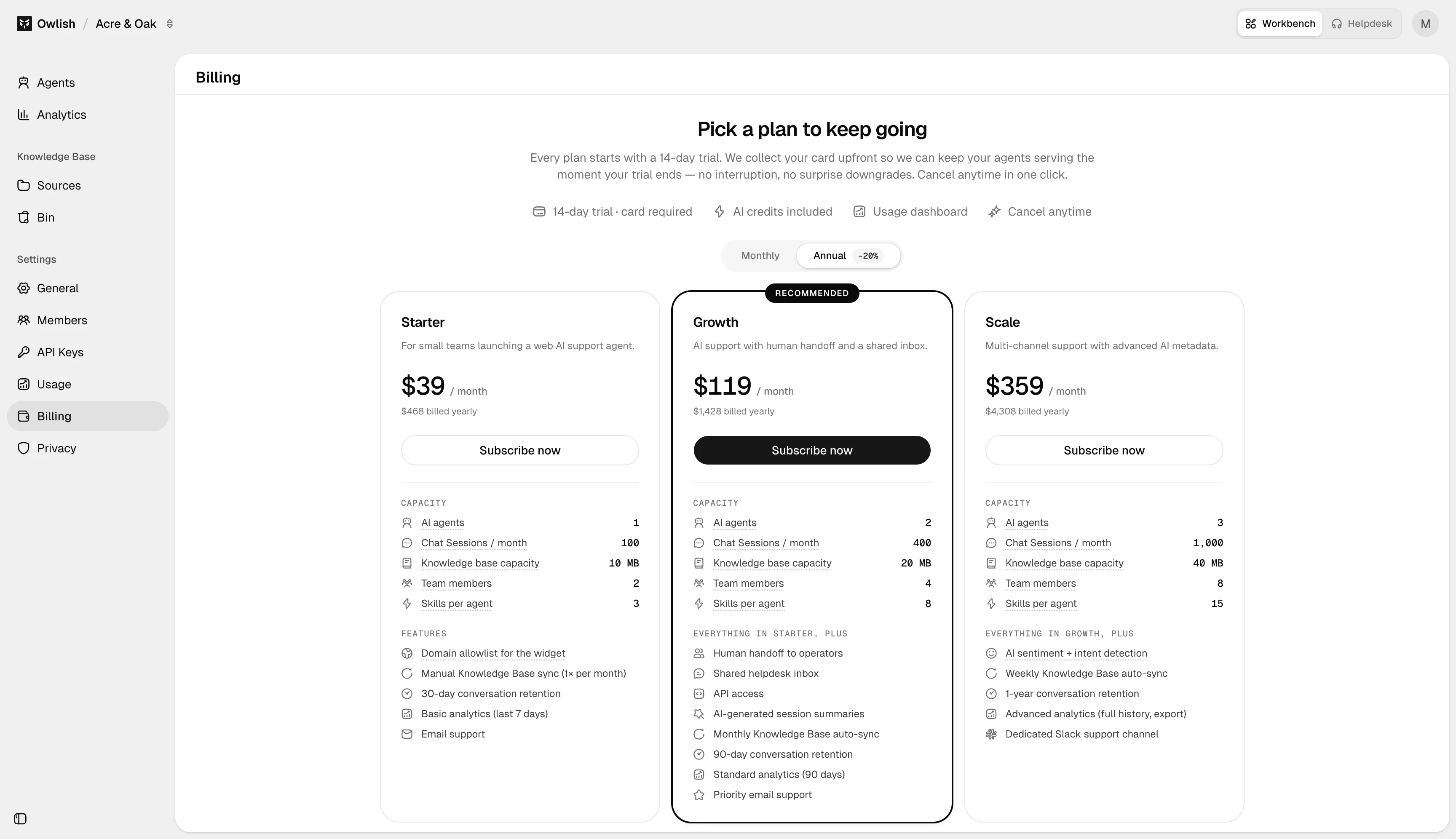 Billing page plan picker with monthly and annual options for Starter, Growth, and Scale.
