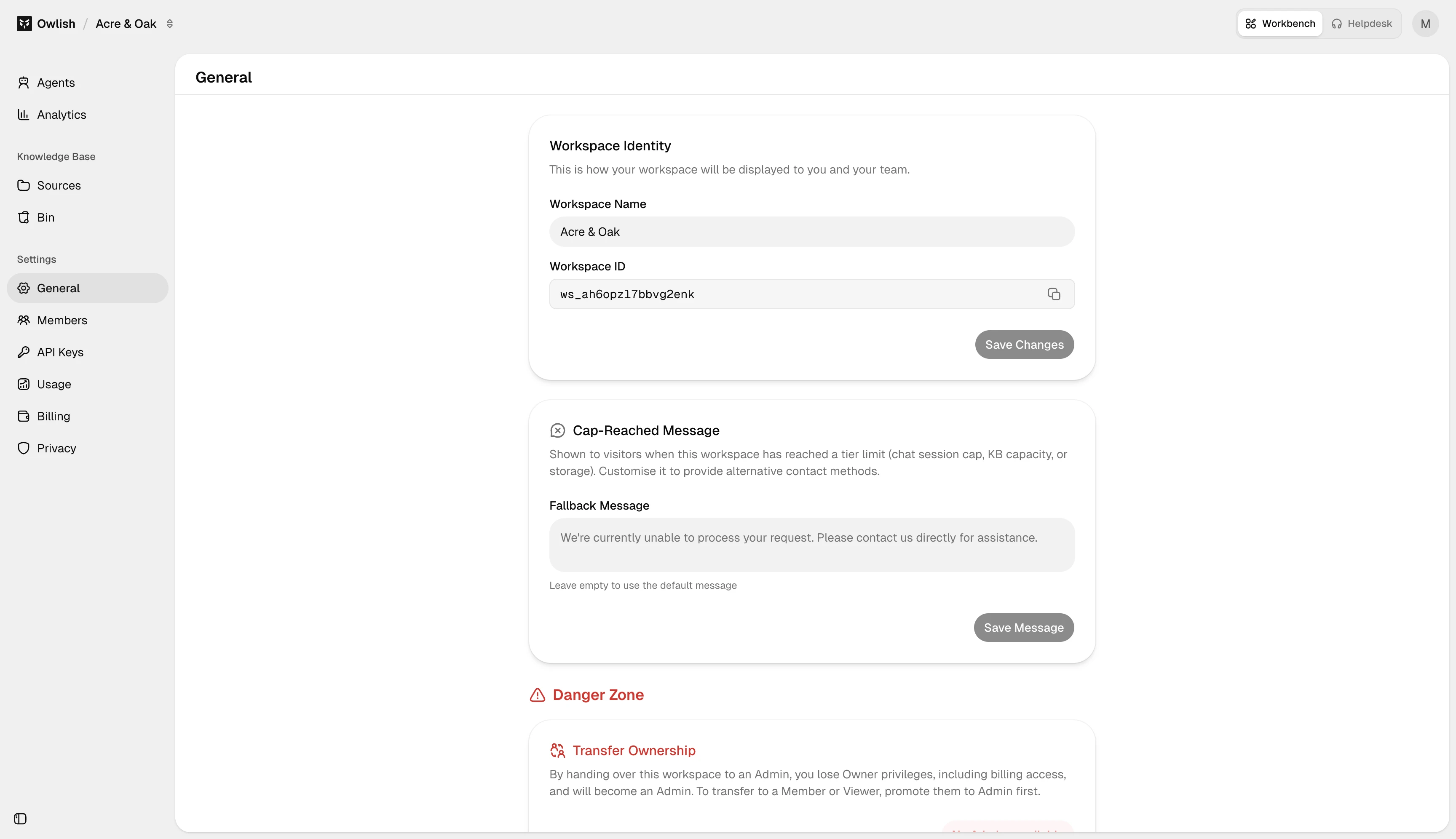 General settings page with workspace identity, fallback message, and danger-zone actions.