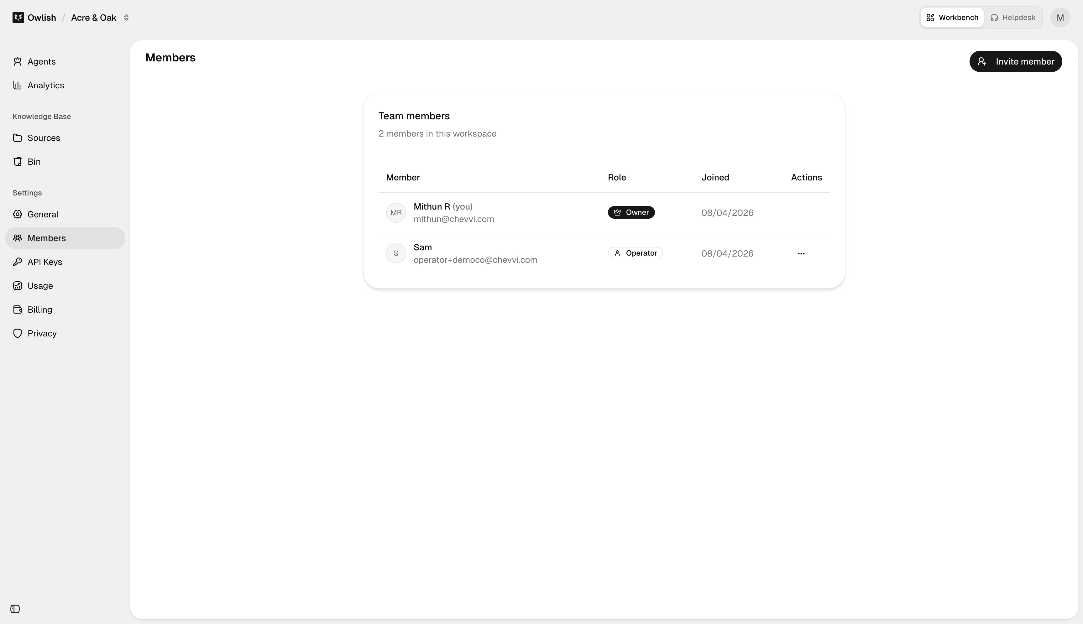 Members settings page with team members table, roles, and invite member action.