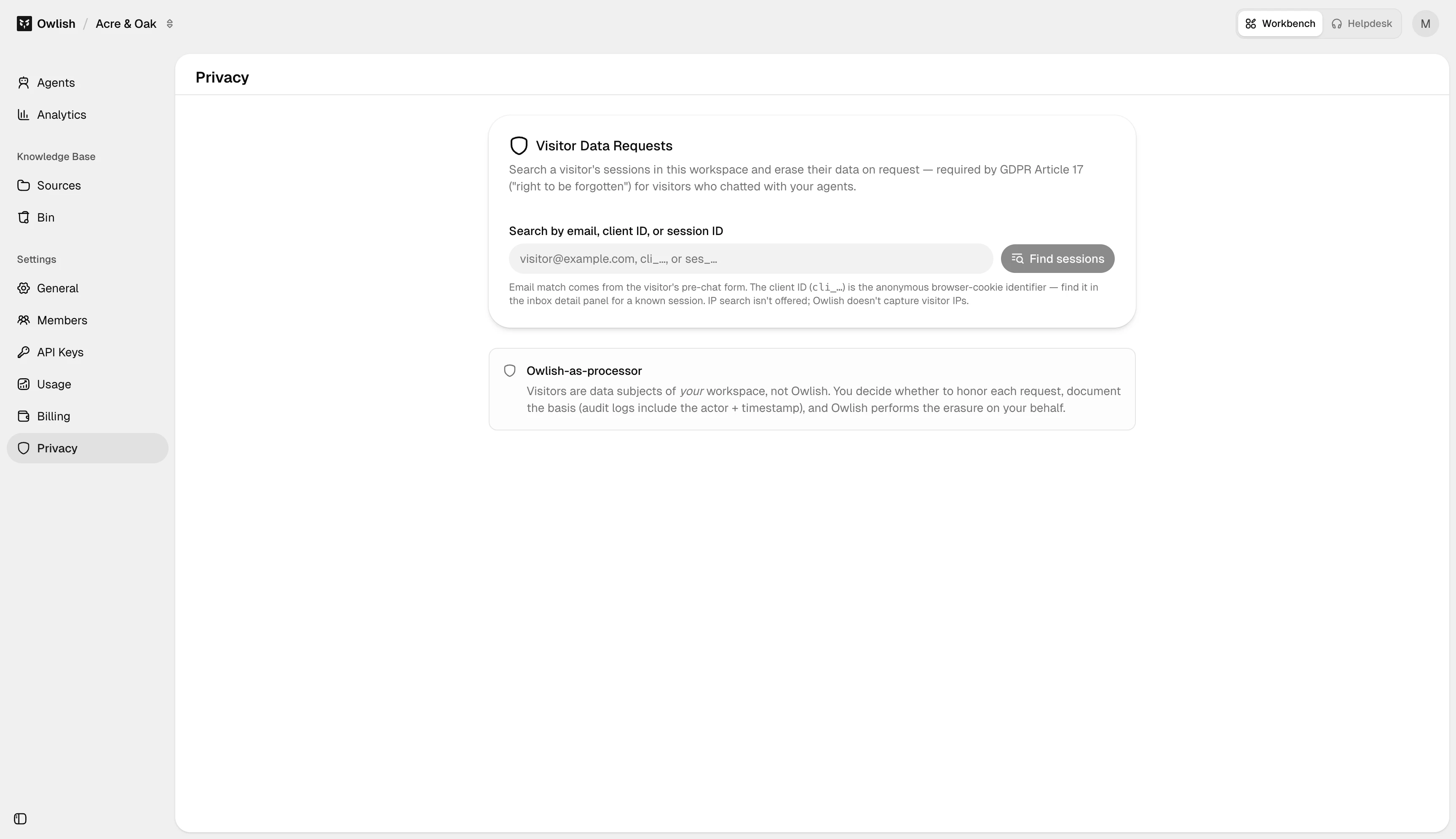 Privacy settings page with visitor data request search and data-subprocessor information.