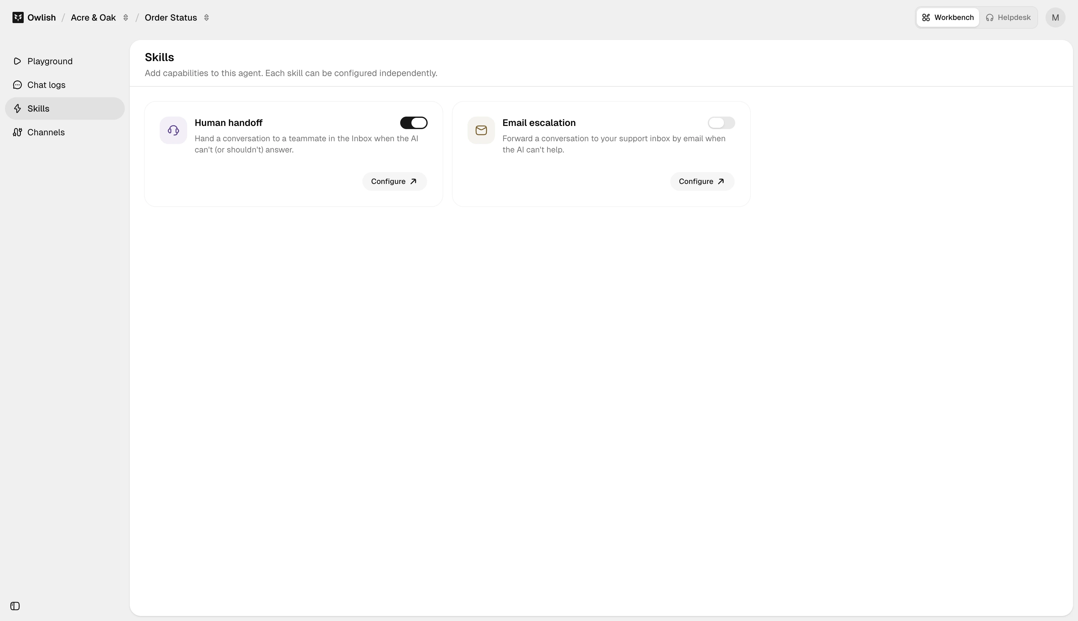 Agent skills page with human handoff and email escalation cards.