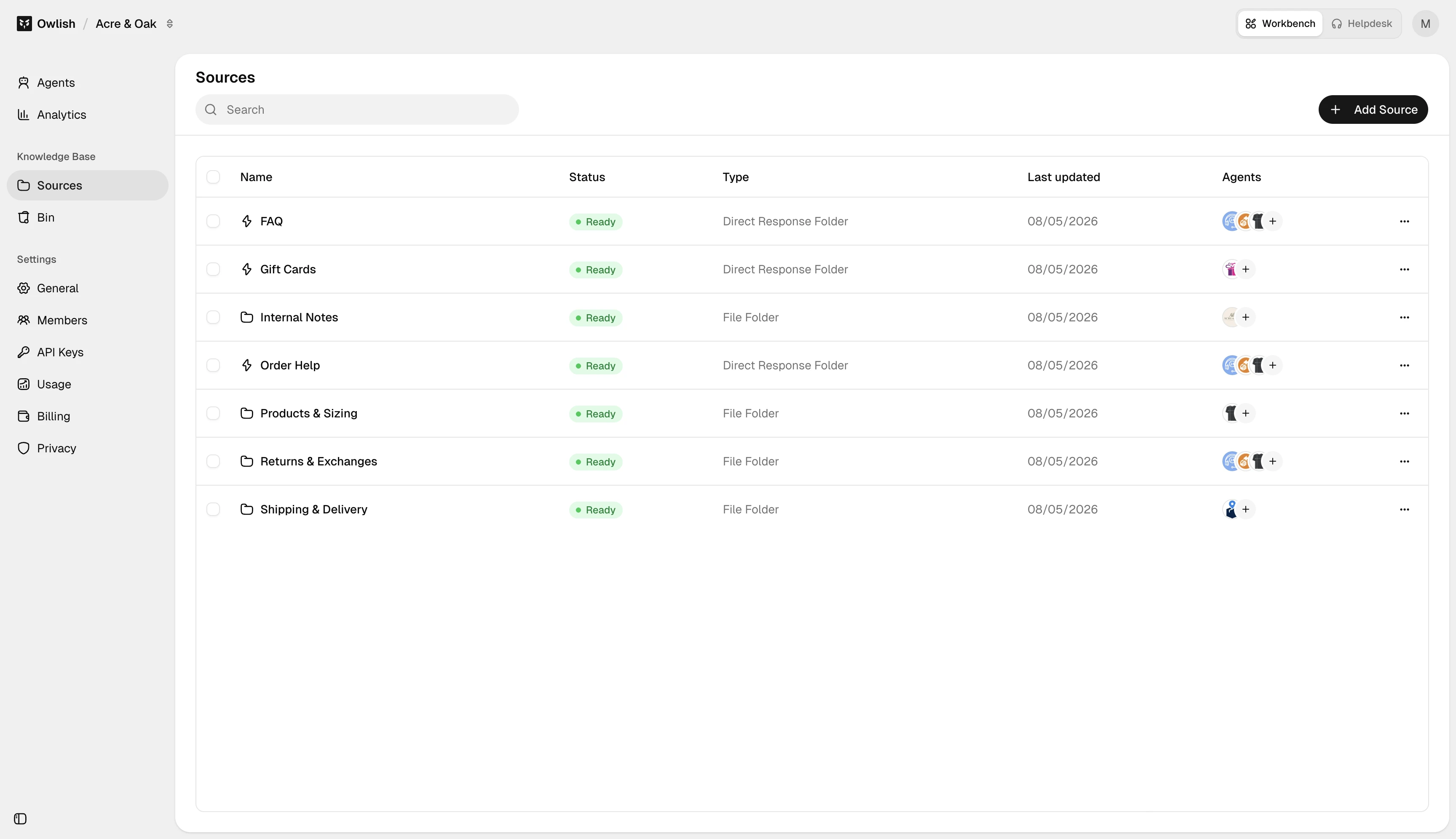 Knowledge base sources table with folders, ingestion status, type, last-updated date, and attached agents.