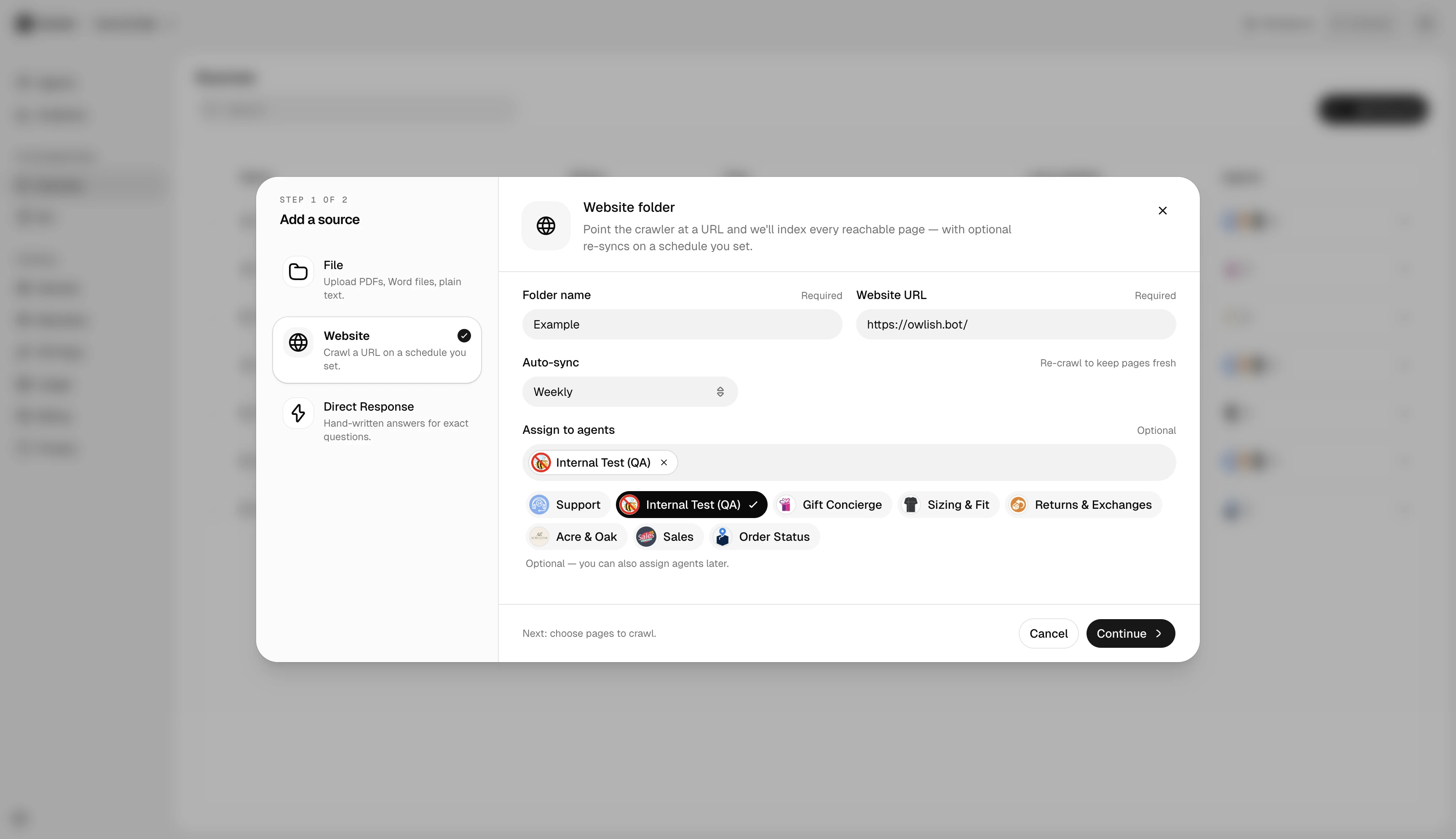 Add source dialog with the website option selected, URL field, auto-sync selector, and assigned agents.