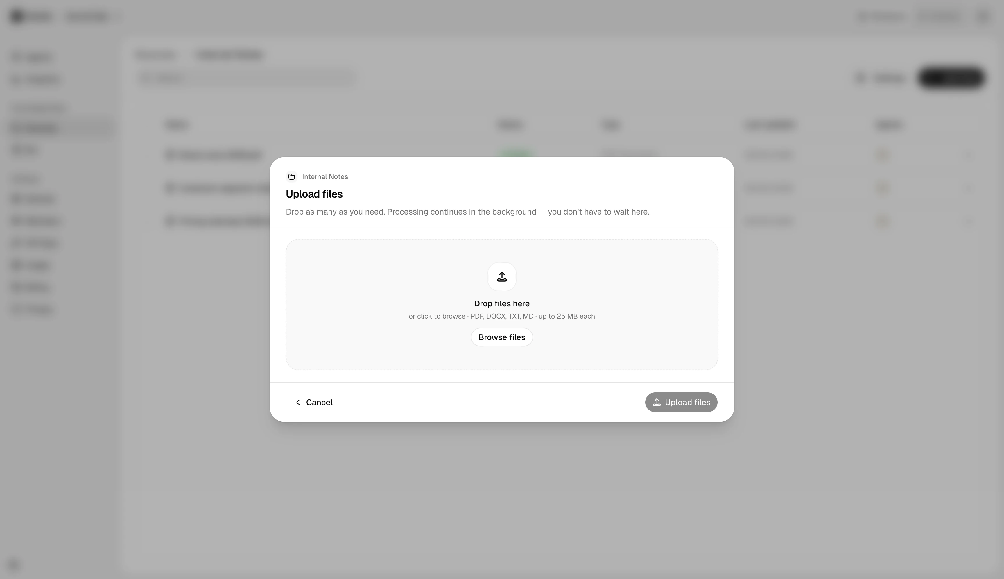 Upload files dialog with a drag-and-drop zone and browse files button.